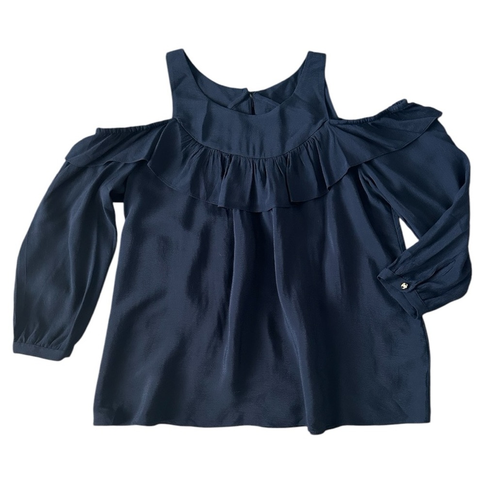 Anthropologie Maeve Navy Blue Cold Shoulder Ruffle Top